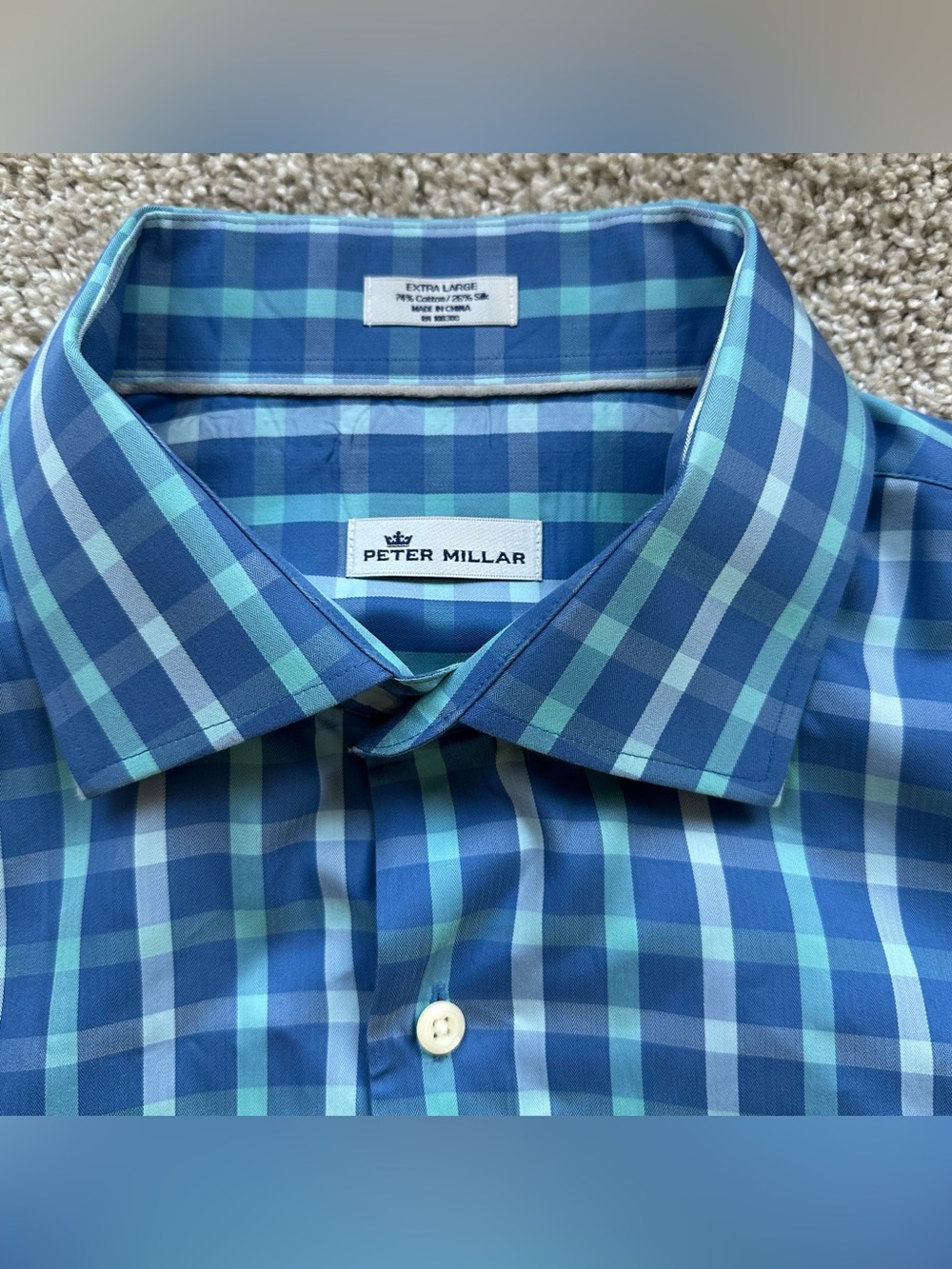 Peter Millar Men's XL Plaid Button Down Shirt Blue Teal Cotton Silk Blend Luxury